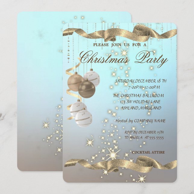 Invitación Bolas de Navidad Elegantes, Brillo, Fiesta de Navi (Anverso / Reverso)