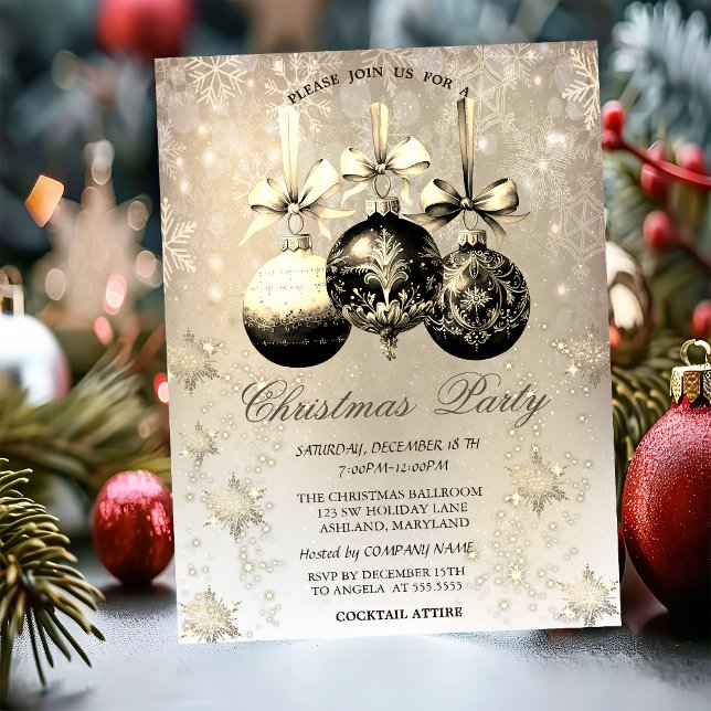 Invitación Bolas de Navidad Elegantes Copos de Nieve Dorados (Subido por el creador)
