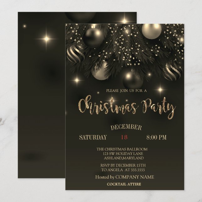 Invitación Bolas de Navidad Elegantes Fiesta de Navidad Negra (Anverso / Reverso)
