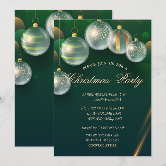 Invitación Bolas de Navidad Elegantes Fiesta de Navidad Verde (Anverso / Reverso)