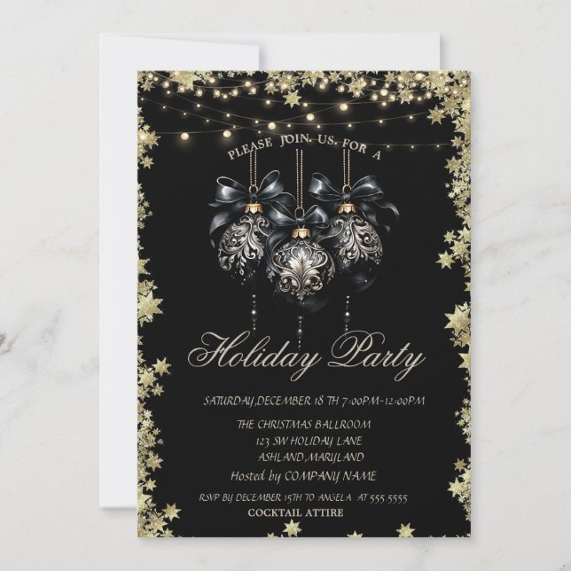 Invitación Bolas de Navidad Estrellas Doradas Fiesta Negra (Anverso)