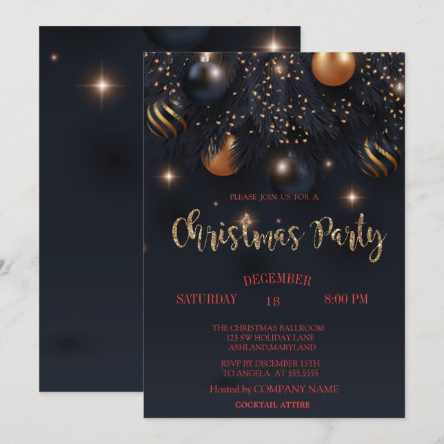 Invitación Bolas de Navidad Fiesta de Empresa Negra (Anverso / Reverso)
