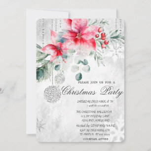 Invitación Bolas de Navidad, Fiesta de Navidad con Poinsettia