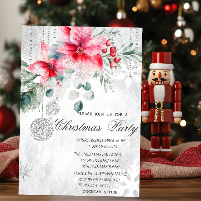 Invitación Bolas de Navidad, Fiesta de Navidad con Poinsettia (Subido por el creador)