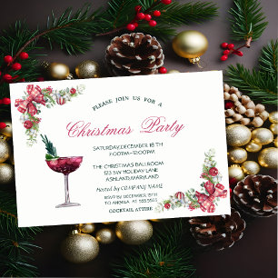 Invitación Bolas de Navidad, Lazo, Cóctel Rojo de Navidad