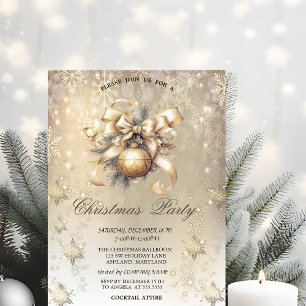 Invitación Bolas de Navidad Lazo Copos de Nieve Dorado