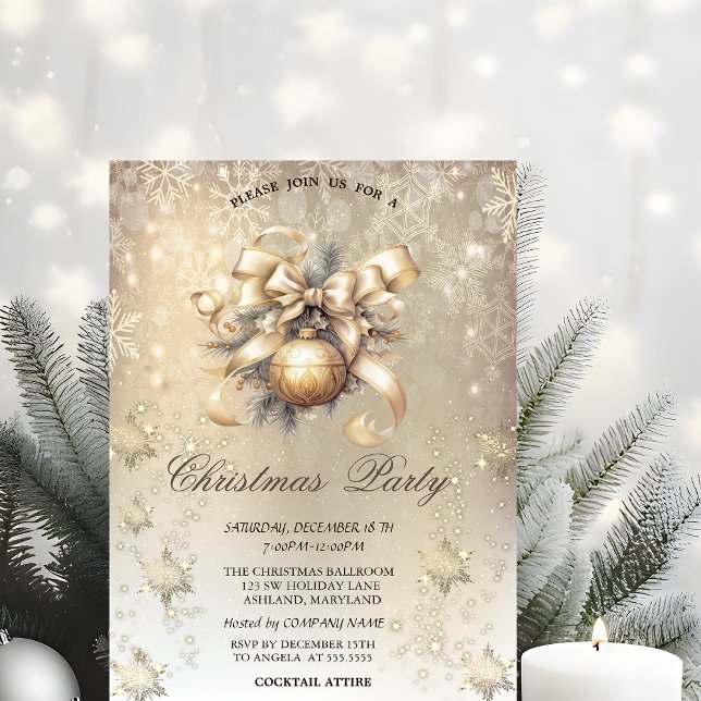 Invitación Bolas de Navidad Lazo Copos de Nieve Dorado (Subido por el creador)