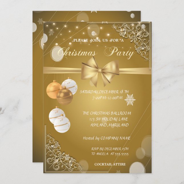 Invitación Bolas de Navidad, Lazo Dorado, Fiesta de Navidad C (Anverso / Reverso)