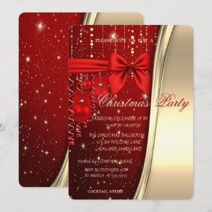 Invitación Bolas de Navidad, lazo, rojo, corporativo dorado d