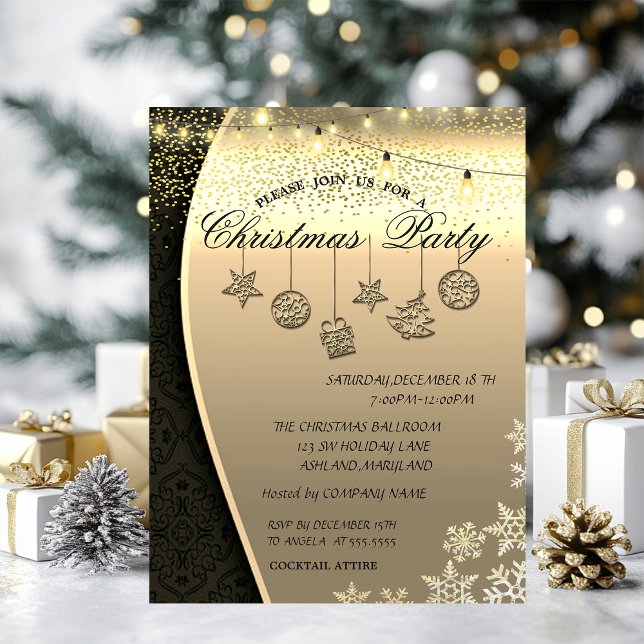 Invitación Bolas de Navidad, Luces Damasco Dorado Fiesta de N (Subido por el creador)