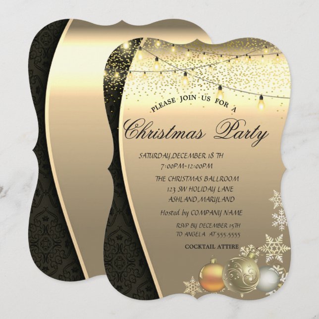 Invitación Bolas de Navidad, Luces Fiesta de Navidad Damask (Anverso / Reverso)