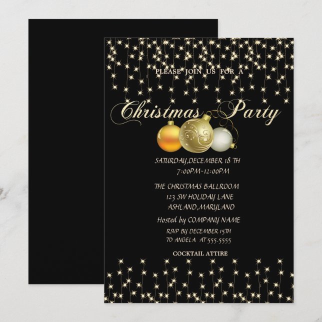 Invitación Bolas de Navidad, Luces, Fiesta de Navidad de la E (Anverso / Reverso)