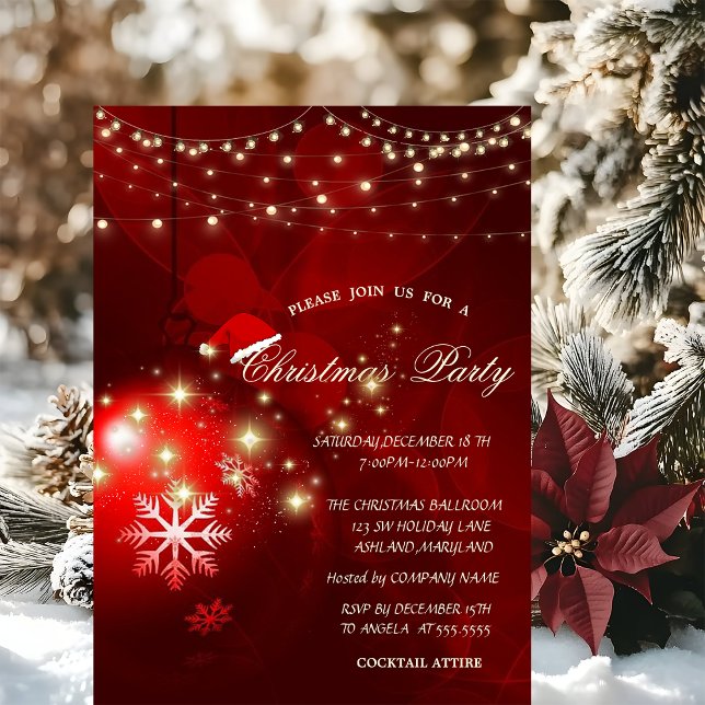 Invitación Bolas de Navidad Luces Rojas Brillan Fiesta de Emp (Subido por el creador)