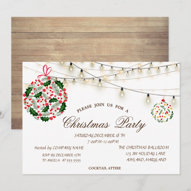 Invitación Bolas de Navidad, Madera, Luces de Navidad con Cue (Anverso / Reverso)