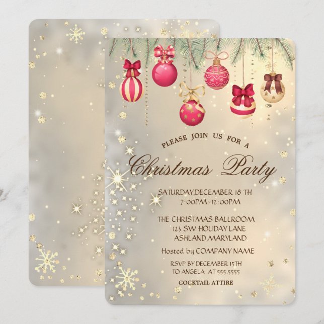 Invitación Bolas de Navidad, Ramas de Pino Doradas de Navidad (Anverso / Reverso)