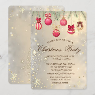 Invitación Bolas de Navidad, Ramas de Pino Doradas de Navidad