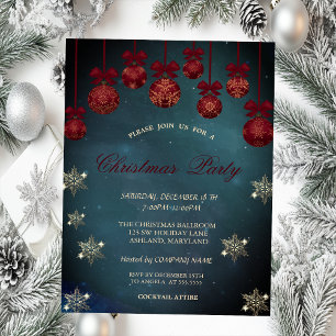Invitación Bolas de Navidad rojas vintage, compañía de copos 