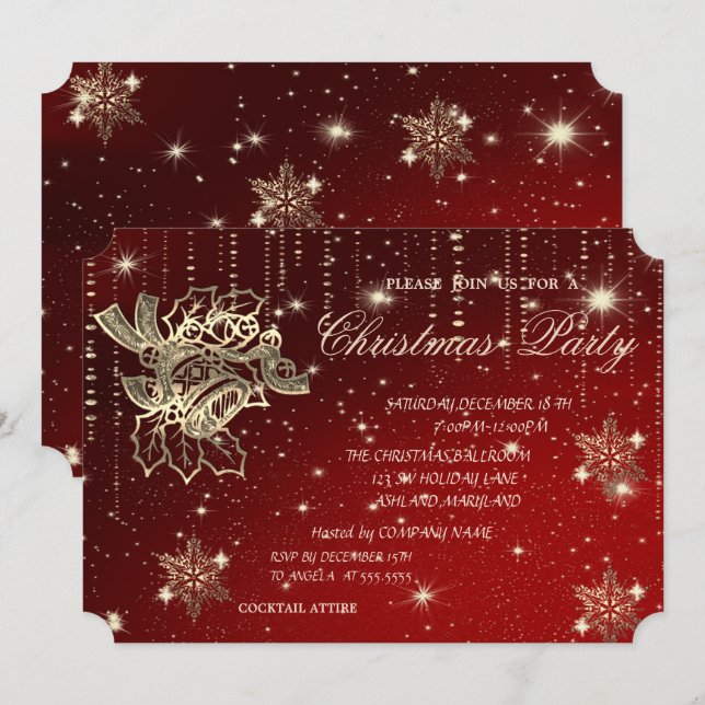 Invitación Bolas de navidades, copos de nieve, Fiesta de Navi (Anverso / Reverso)