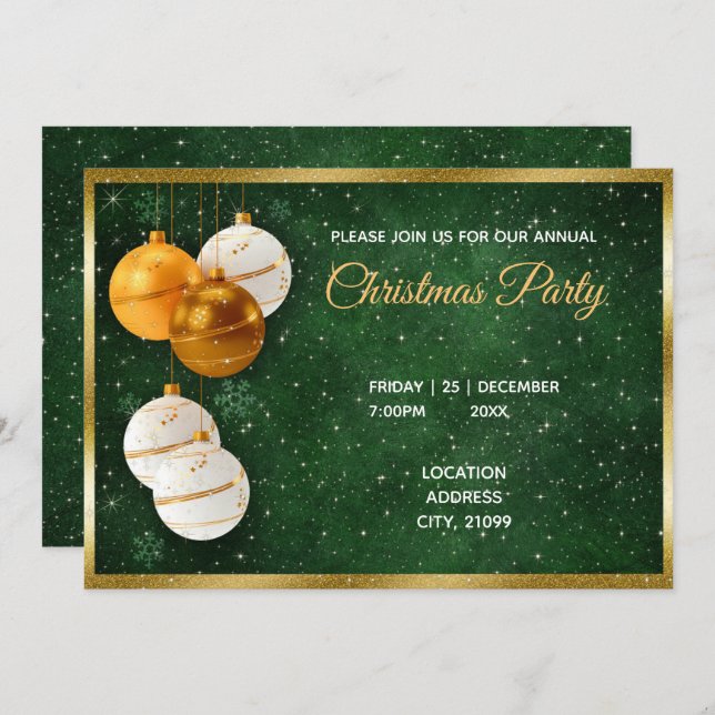 Invitación Bolas De Navidades De Oro Y Blanco (Anverso / Reverso)