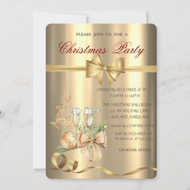 Invitación Bolas de oro, lazo, fiesta de Navidad del reno  (Anverso)