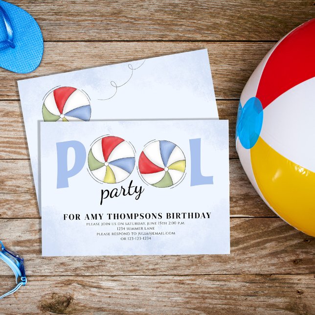 Invitación Bolas de playa Fiesta de la piscina de cumpleaños  (Pool party beach balls invitations)