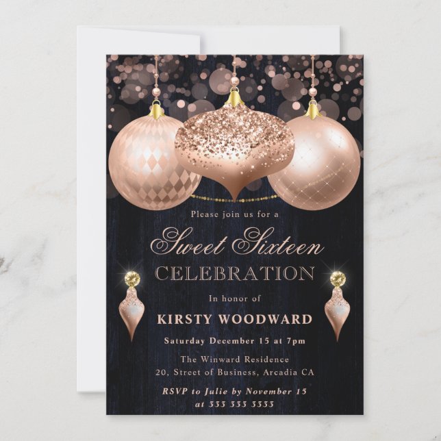 Invitación Bolas de Purpurina de Oro Rosa Navidad Dulces 16 (Anverso)