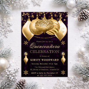 Invitación Bolas de Purpurina Moradas y Doradas Quinceañera