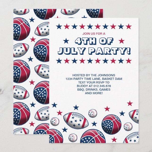 Invitación Bolas Deportivas para Fiesta del 4 de Julio (Anverso / Reverso)
