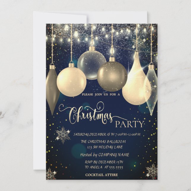 Invitación Bolas Elegantes, Luces Azules de Navidad (Anverso)
