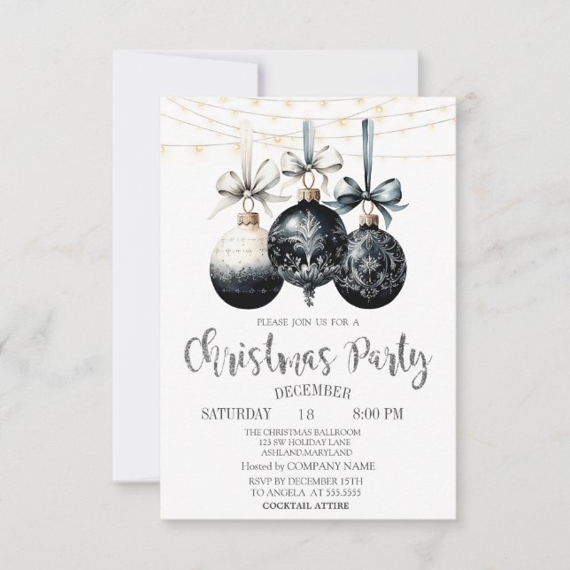 Invitación Bolas Negras, Luces, Fiesta de Navidad de Cuadros  (Anverso)