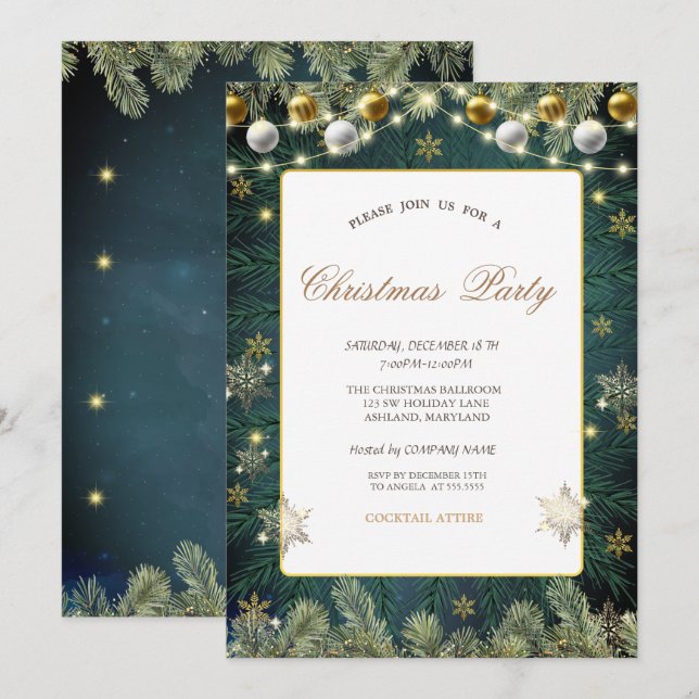 Invitación Bolas, ramas, Fiesta de la empresa Snowflakes (Anverso / Reverso)