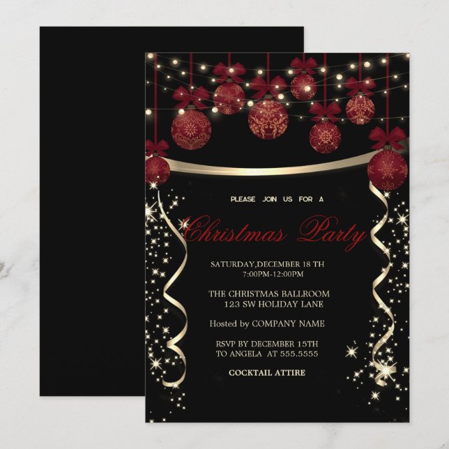 Invitación Bolas Rojas Elegantes,Fiesta de Navidad de la Empr (Anverso / Reverso)