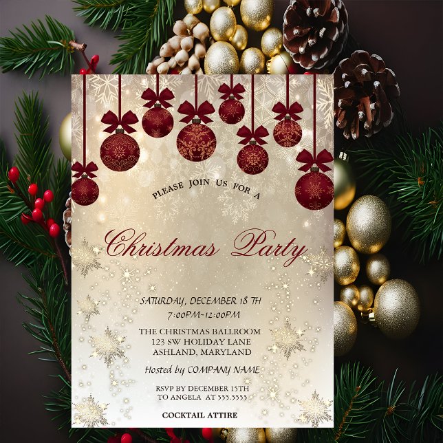 Invitación Bolas rojas, Navidades de oro con copas de nieve (Subido por el creador)