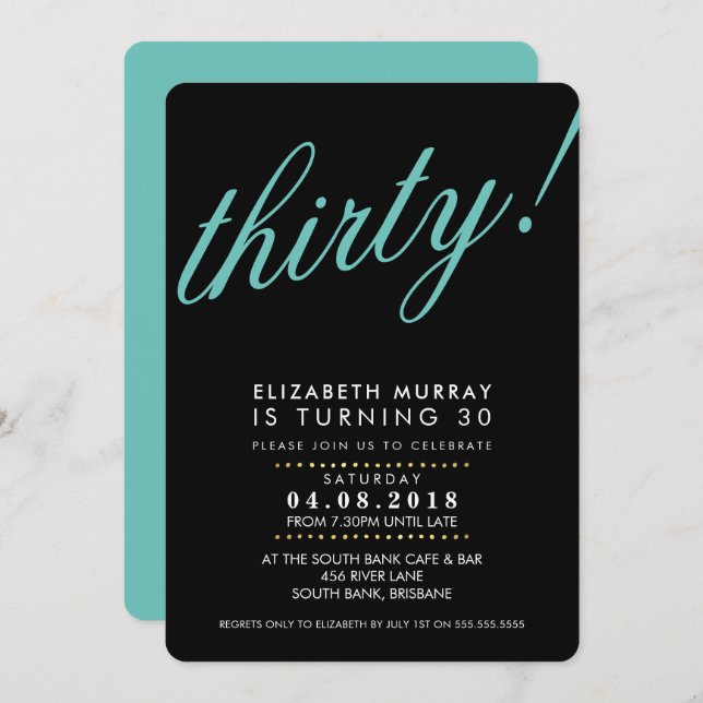 Invitación BOLD 30 cumpleaños fiesta INVITE guión negro menta