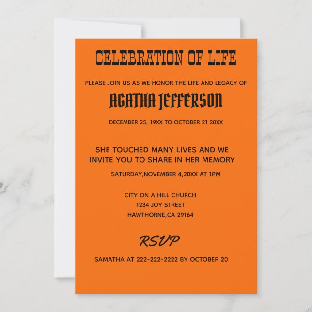 Invitación Bold Amber Celebration of Life Invitation (Anverso)