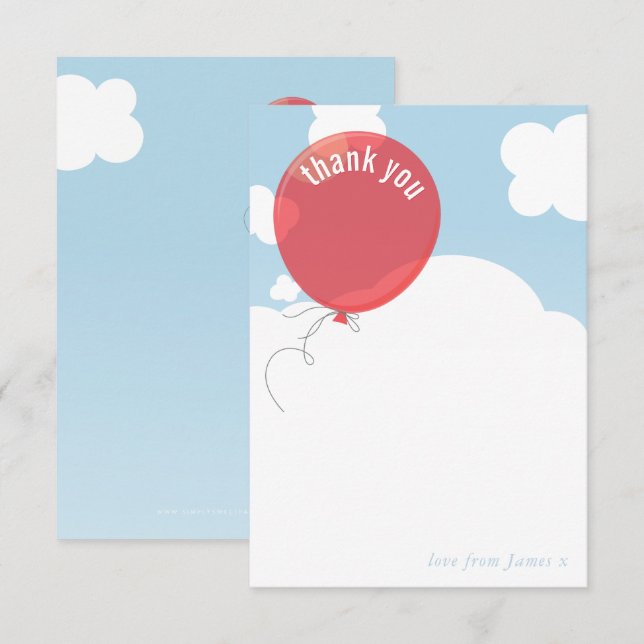 Invitación BOLD BALLOON gracias nota cielo azul rojo (Anverso / Reverso)