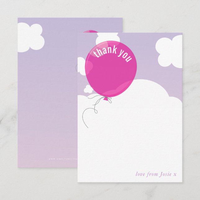 Invitación BOLD BALLOON gracias nota cielo morado rosa (Anverso / Reverso)