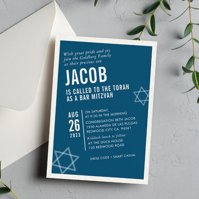 Invitación BOLD BAR MITZVAH simple ángulo moderno marina blan (Subido por el creador)