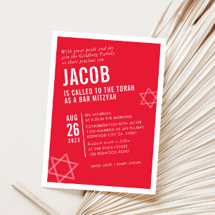 Invitación BOLD BAR MITZVAH simple ángulo moderno rojo blanco