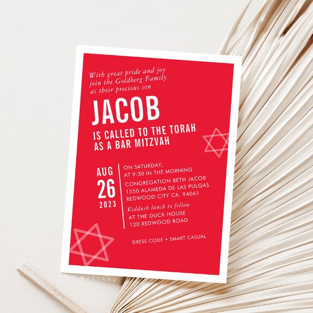 Invitación BOLD BAR MITZVAH simple ángulo moderno rojo blanco (Subido por el creador)