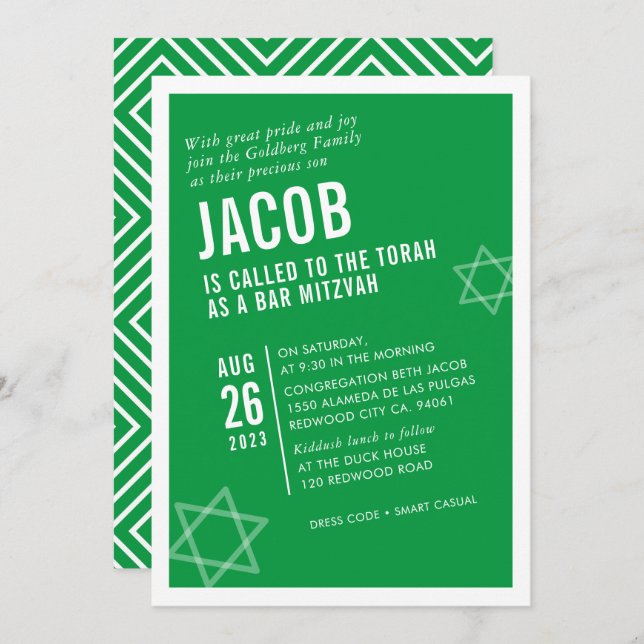 Invitación BOLD BAR MITZVAH simple ángulo moderno verde blanc (Anverso / Reverso)