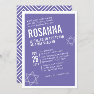 Invitación BOLD BAT MITZVAH lindo ángulo moderno lila blanco