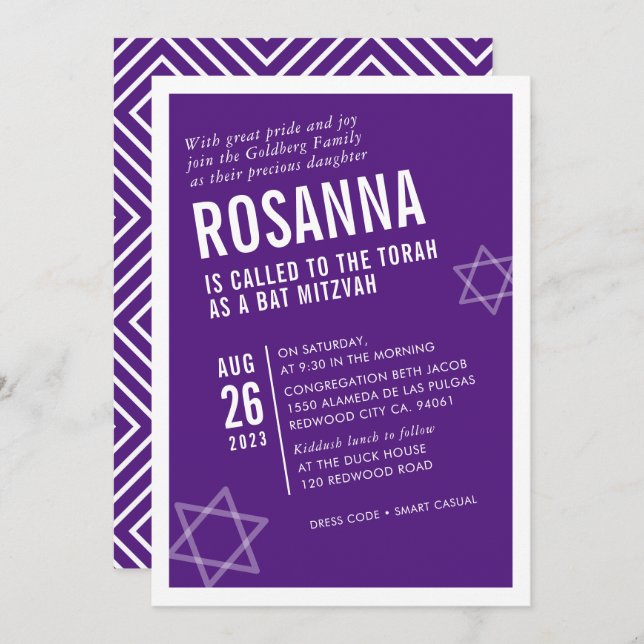 Invitación BOLD BAT MITZVAH simple ángulo moderno blanco púrp (Anverso / Reverso)