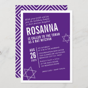 Invitación BOLD BAT MITZVAH simple ángulo moderno blanco púrp