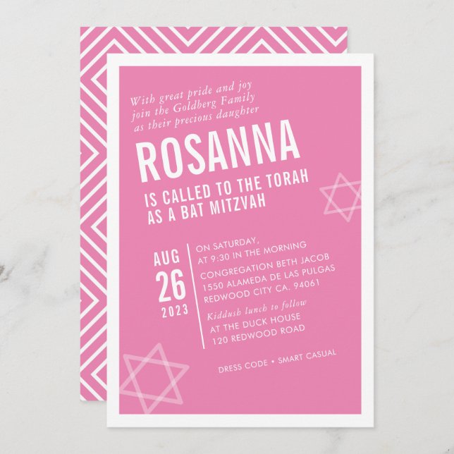 Invitación BOLD BAT MITZVAH simple ángulo moderno rosa blanco (Anverso / Reverso)