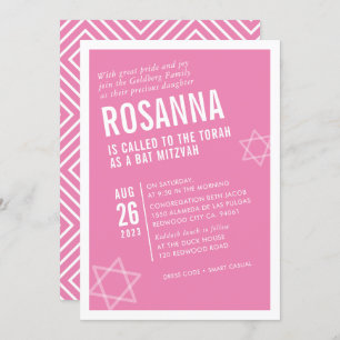 Invitación BOLD BAT MITZVAH simple ángulo moderno rosa blanco
