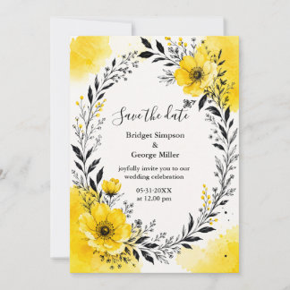 Invitación Bold Black Wreath Yellow Wedding Florals