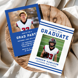 Invitación Bold Blue Stripes Athletic Photo Graduation Party