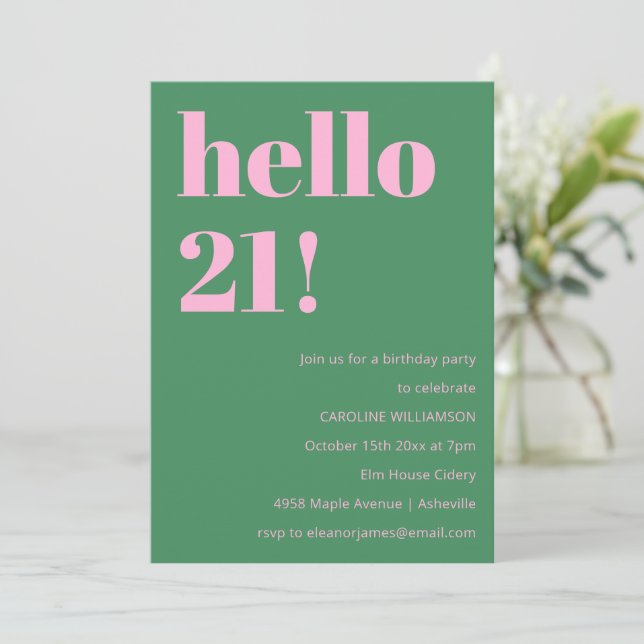 Invitación Bold Bright Modern Retro Pink Green 21st Birthday (Anverso de pie)