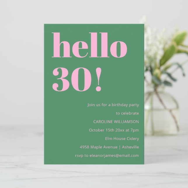 Invitación Bold Bright Modern Retro Pink Green 30th Birthday (Anverso de pie)